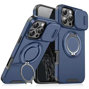 Rugged Protective hard PC Ring holder Phone Case for iPhone 17 Air & 16/15/14/13/12 Pro Max - Rotary lens cap /Slide Camera Cover with Rotating Ring Kickstand Shockproof Rugged Heavy Duty Protection