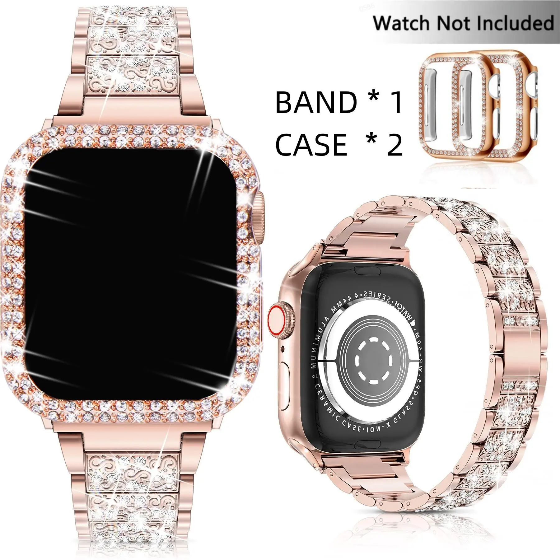 Rhinestone Decor Watch Band & Watch Case for Apple Watch (3 Counts), 1 Smart Watch Band & 2 Watch Case Compatible With iWatch 40mm 41mm 44mm 45mm Smart Watch Accessories Smartwatch Accessories