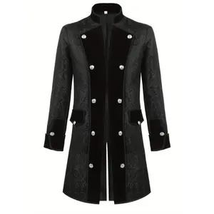 Men's Medieval Solid Double Breasted Buttons Jacket, Gothic Jacquard Overcoat, Renaissance Costume For Party & Cosplay