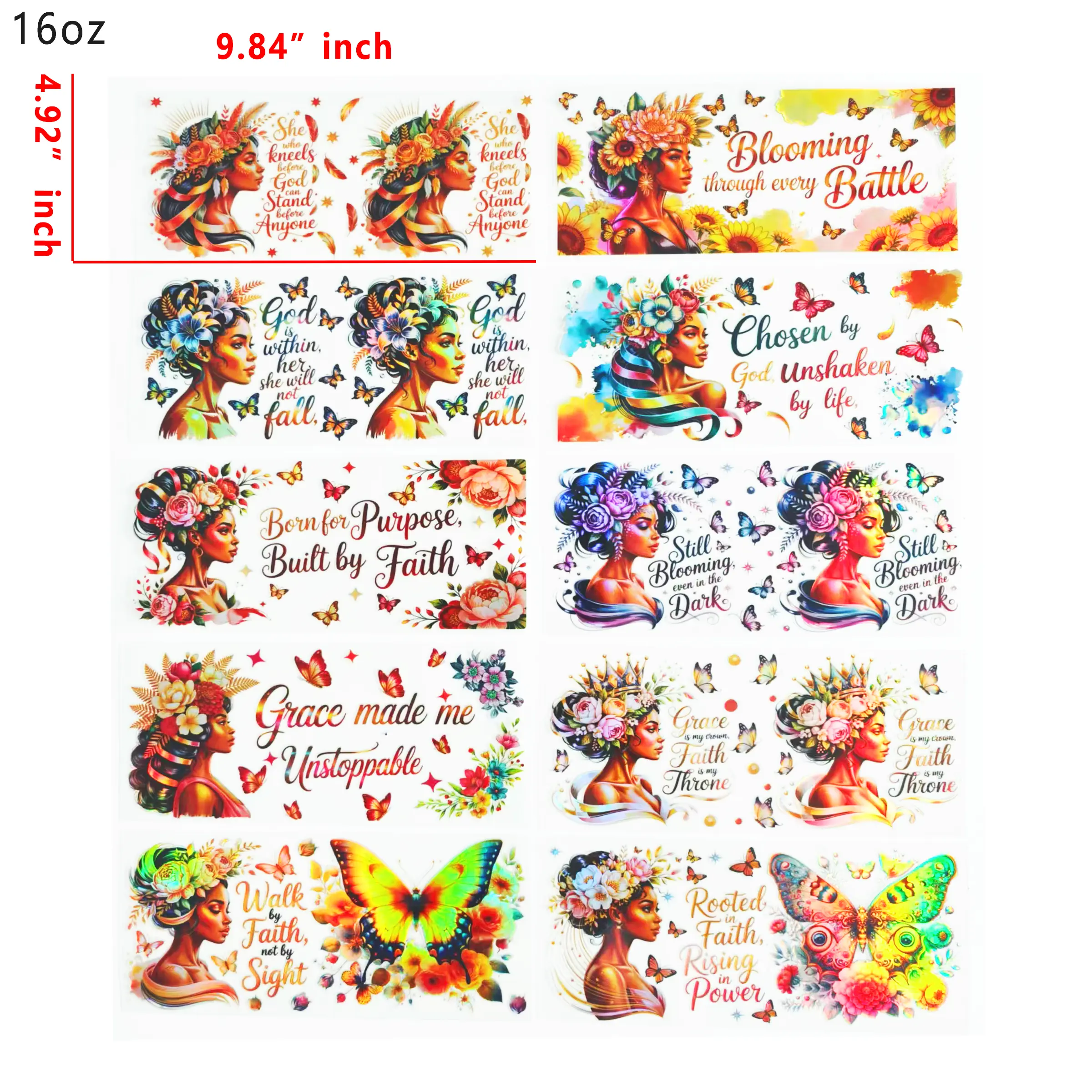(J80) Holographic 10pcs Black Inspirational UV DTF Cup Wraps for 16OZ tumblers Waterproof Acrylic Wraps for Cups Glasses &Smooth Objects Vivid Colors Strong Adhesion CustomizableStickers Decal Sticker Art Crafts Kit