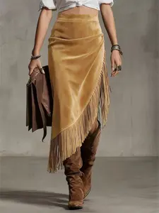Vintage Asymmetrical Skirt with Fringe Details, High Waist Boho Bohemian Style, Slim-Fitting Long Skirt for Spring & Fall Women, Womenswear