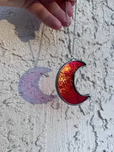 Iridescent Deep Red Stained Glass Mini Moon Interior Rearview Mirror Car Charm! Handmade!