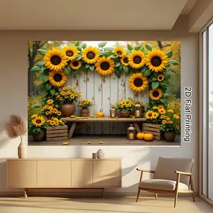 2D Flat 1pc Sunflower Flower Design Fall Farmhouse Backdrop Banner, Flower Print Banner, Rustic Wooden Pumpkin Lantern Photography Background, Ideal for Autumn Harvest Party, Thanksgiving Celebration, Photo Booth Decor, Multiple Sizes Available