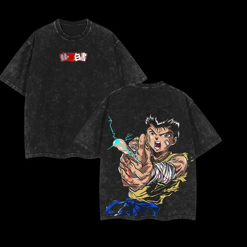 Menswear Yusuke Urameshi Round Neck Short-Sleeve Oversize Distressed Anime Graphic T-Shirt - Heavyweight Cotton Unisex Streetwear Top, Tshirt, Baggy, Shortsleeve, Casual, Oversized, Baggy Cut, Distressed Print, Heavy Cotton, Unisex Retro, Ripped