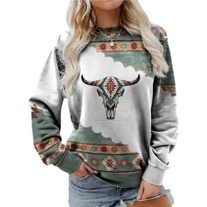 Women Western Shirts Aztec Print Tops Fall Long Sleeve Crewneck Casual Sweatshirt Vintage Graphics Blouse Womenswear Hoodie