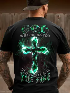 Mens Big & Tall Christian Faith TShirt God Will Bring You Through The Fire Religious Apparel Soft Breathable Church Shirt Black with Green Flames Cross Design Machine Washable for W. Top for Daily Activities Crew Neck Drop Shoulder - Versatile