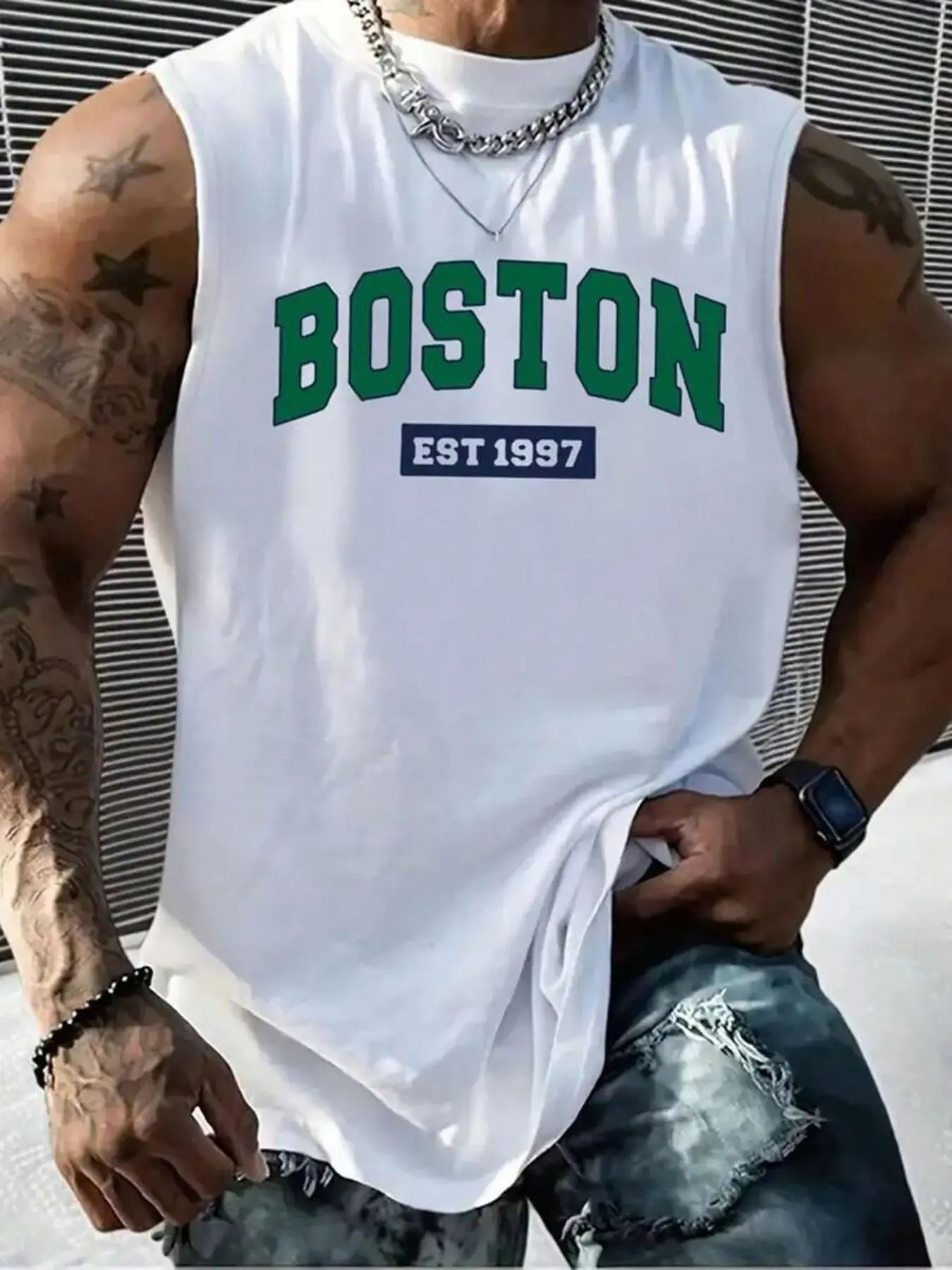 BOSTON EST 1997' American College Style White Sleeveless Tank Top | Gym & Casual Streetwear Top | Breathable Cotton Fabric | Bold Varsity Aesthetic | Trendy Loose-Fit | Eye-Catching Boston Print | Versatile Daily Wear | Perfect for Sporty/Street Style Fan