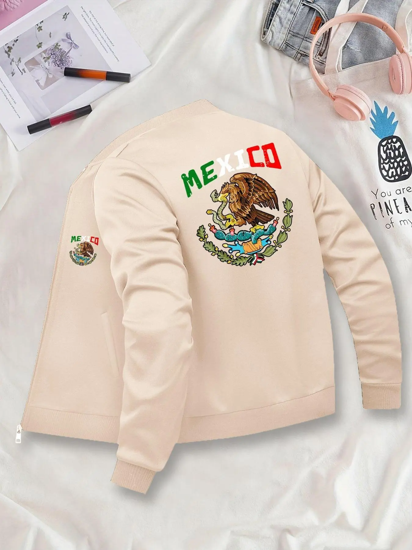Women's Fashion Long Sleeve Jacket, Mexico Graphic Baseball Collar Design, Casual Everyday Fitted Zipper Cardigan for All Seasons, Ladies Outerwear Coats, Womenswear, Tops