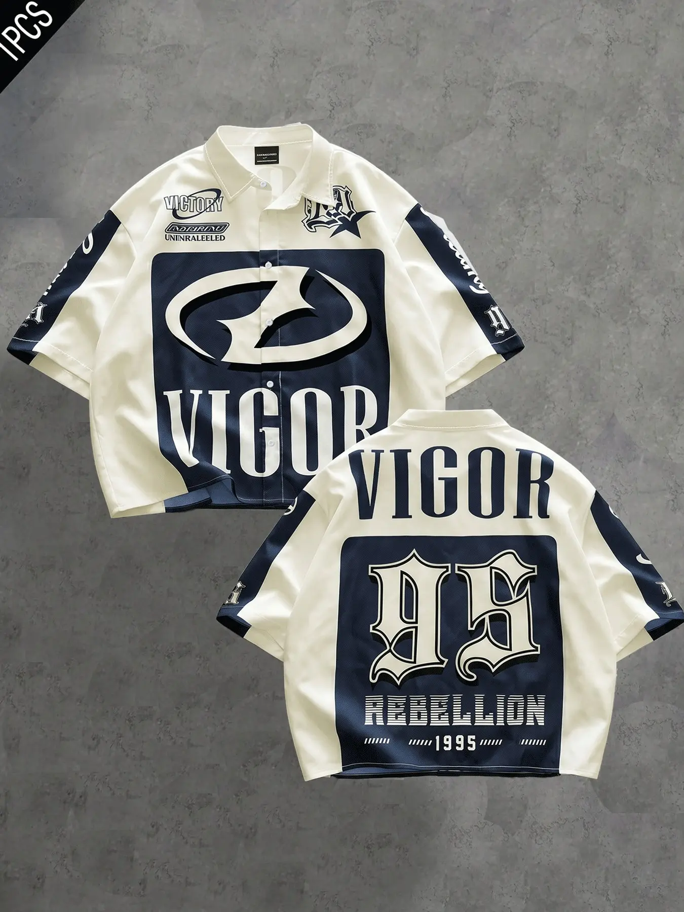 Men's Cream Navy "VIGOR 95 REBELLION" Print Cropped Shirt, Streetwear Short-Sleeve Camp Collar Top, Y2K Sportswear Aesthetic & Retro Design, Versatile Casual Streetwear Shirt for Men, Casual Sports Tops