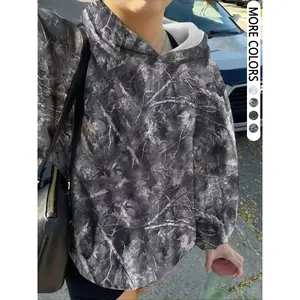 Women’s Fall/Winter Vintage Fashion Hoodie — trendy street-style casual comfortable sportswear; camouflage branch print pullover sweatshirt; loose fit