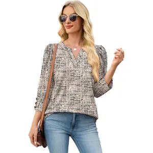 3/4 Length Sleeve Womens Tops with Button Cuffs Dressy Casual V Neck Summer Outfits Early Fall Fashion Spring Clothes