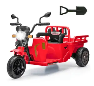 Ride P Series 3-Wheels Electric Tricycle w/Trailer, 12V Battery Powered Kids Motorcycle with Sand Shovel, 2x55W Motors, Bluetooth, Music, Headlight, Ride on Motorcycle for Kids Toddlers, Gift for Boys Girls