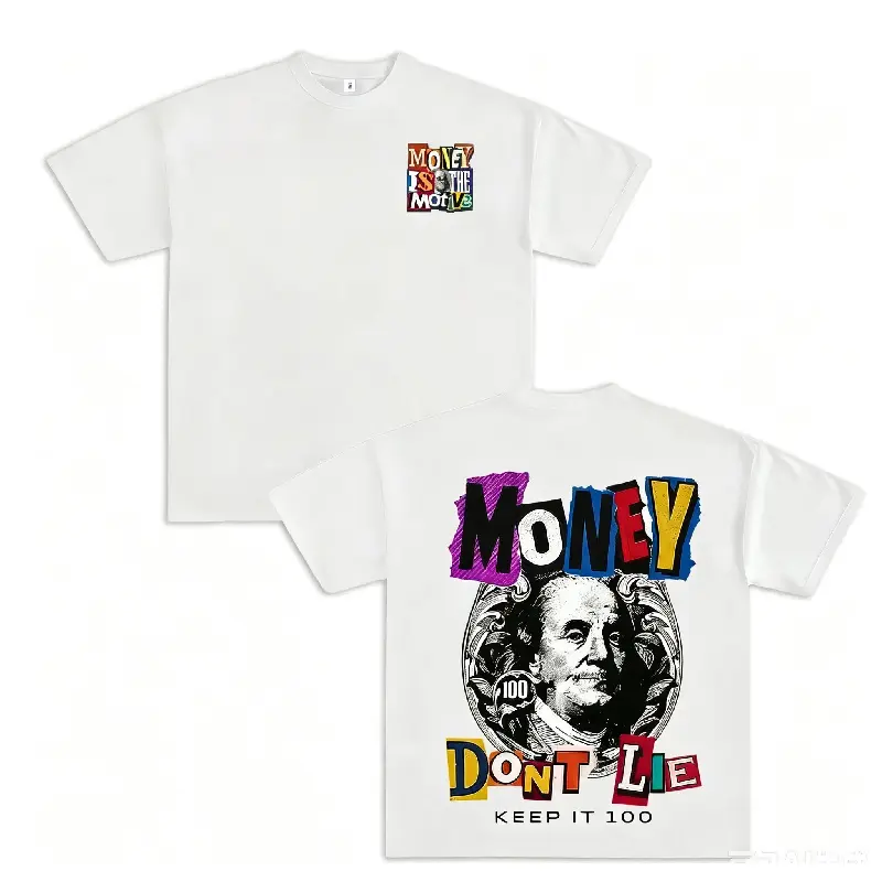 Graphic T-Shirt✨ Money Is The Motive – Money Don't Lie, Keep It 100, Benjamin Franklin Print, 100% Cotton Men's Round Neck Short Sleeve Tee, Loose Unisex Vintage Dark Design, Casual Streetwear Holiday Outfit