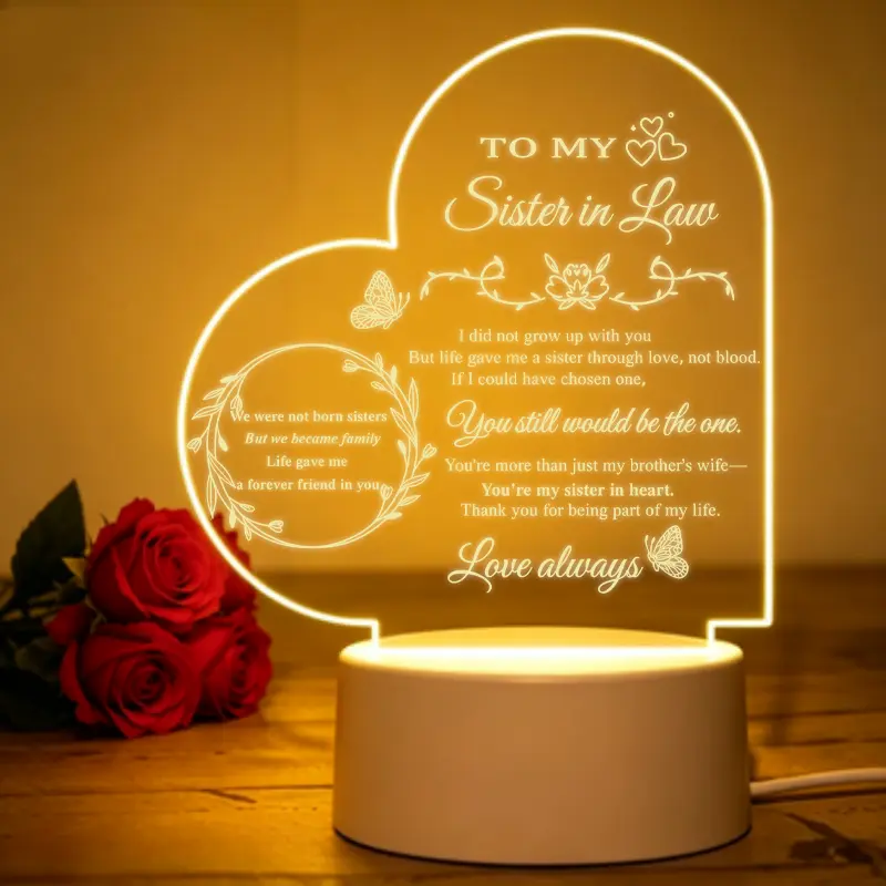 Heart Shape Butterfly Floral Engraved Acrylic LED Night Light Gift for Sister in Law, Sentimental Bedside Decor Lamp Birthday Christmas Thanksgiving Wedding Present for Sister In Law From Brother's Family