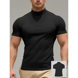 Men's Solid Color Turtleneck Sports Tee, Regular Fit Sporty Short Sleeve T-Shirt for Gym Workout Running, Men's Sport & Outdoor Clothing for All Seasons