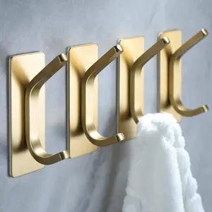 4 Pcs Towel Hooks/Adhesive Hooks - Brushed Gold Wall Hooks for Hanging Coat, Hat, Towel Robe Hook, Bathroom and Bedroom , Stainless Steel