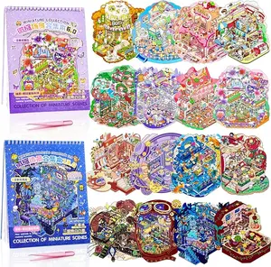 Easter Gift 2 Sets Big Size DIY 3D Sticker Scenes Book with 2 Tweezer for Make Your Own Scene Stickers，16 Designs Mini House Scene Stickers Book Therapy Sticker for Relief Stress Pass The Time