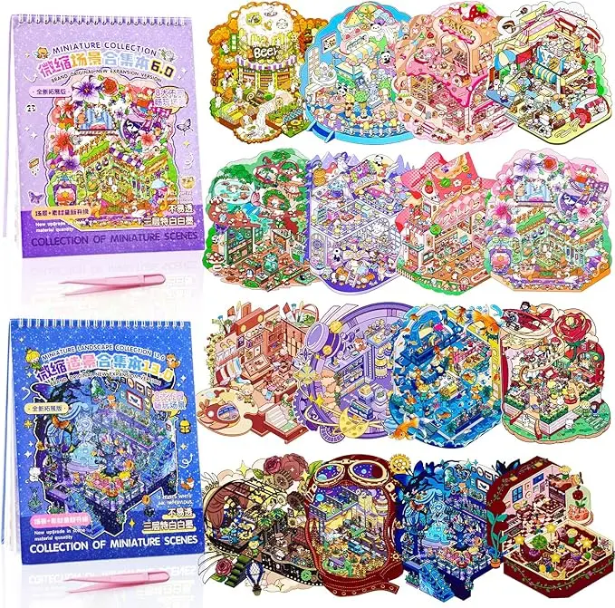 Mother's Day Gift  2 Sets Big Size DIY 3D Sticker Scenes Book with 2 Tweezer for Make Your Own Scene Stickers，16 Designs Mini House Scene Stickers Book Therapy Sticker for Relief Stress Pass The Time