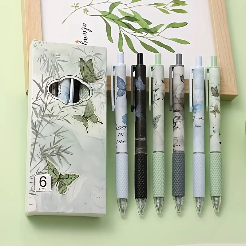 6Pcs butterfly click gel pen, cartoon high value Cute Writing Pen aesthetic pens quick dry brush pen student use black 0.5 Pen Set Quick Dry Pens