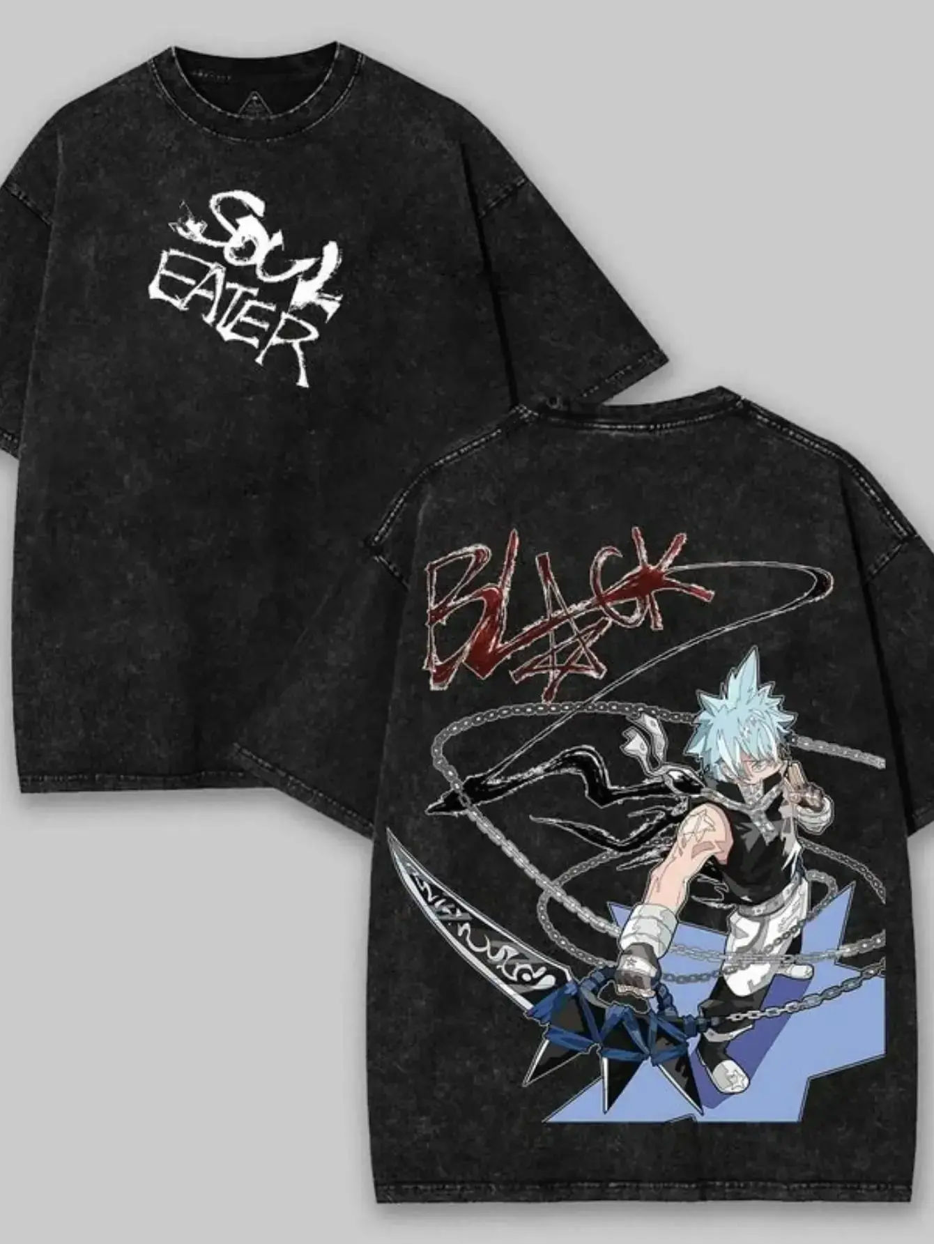 Soul Eater Black Star Anime Washed Cotton Short-Sleeve T-Shirt -  Men's Graphic Tee, Double-Sided Japanese Manga Merch, Retro Streetwear Casual Regular Fit Summer Sports Top, Father's Day Gift