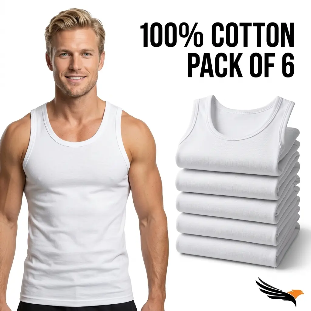 Men's Tank Tops Pack of 6, 100% Cotton Undershirts, Slim Fit Breathable Sleeveless Undergarments, White Cotton Tank Top for Men Everyday Wear