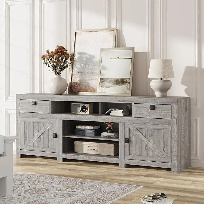 Rustic Wood TV Console Table - Sturdy Base, 4 Storage Drawers, 3 Open Shelves, 400 lbs Capacity, Easy Assembly, Grey Indoor Furniture for 80-Inch Screens, Living Room Bedroom Use