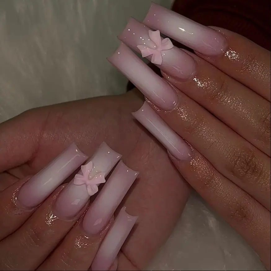 Ombre Pink Press On Nails Light Pink Chrome Bowties Long Square Nails Ombre Milk White Gif For Her