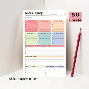 Brain Dump And To-Do Notebook, 50-Page Focus Planner, A5 Size Daily Task Manager, Suitable for Self-Planners, Project Managers, Productivity Planner, Weekly Planner, Minimalist Notebook, Premium End, High-Quality Paper, Planning Tool