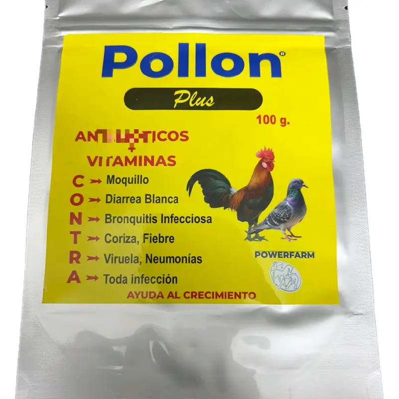 pollon plus ,suplemento que ayuda a mejor es estado de las aves de corral, gallinas , gallos ,pollos y muchas mas garantizando un mejor estado de animo y un desarrollo sano y limpio . paquete de 100 gamo EXP 07-2029
