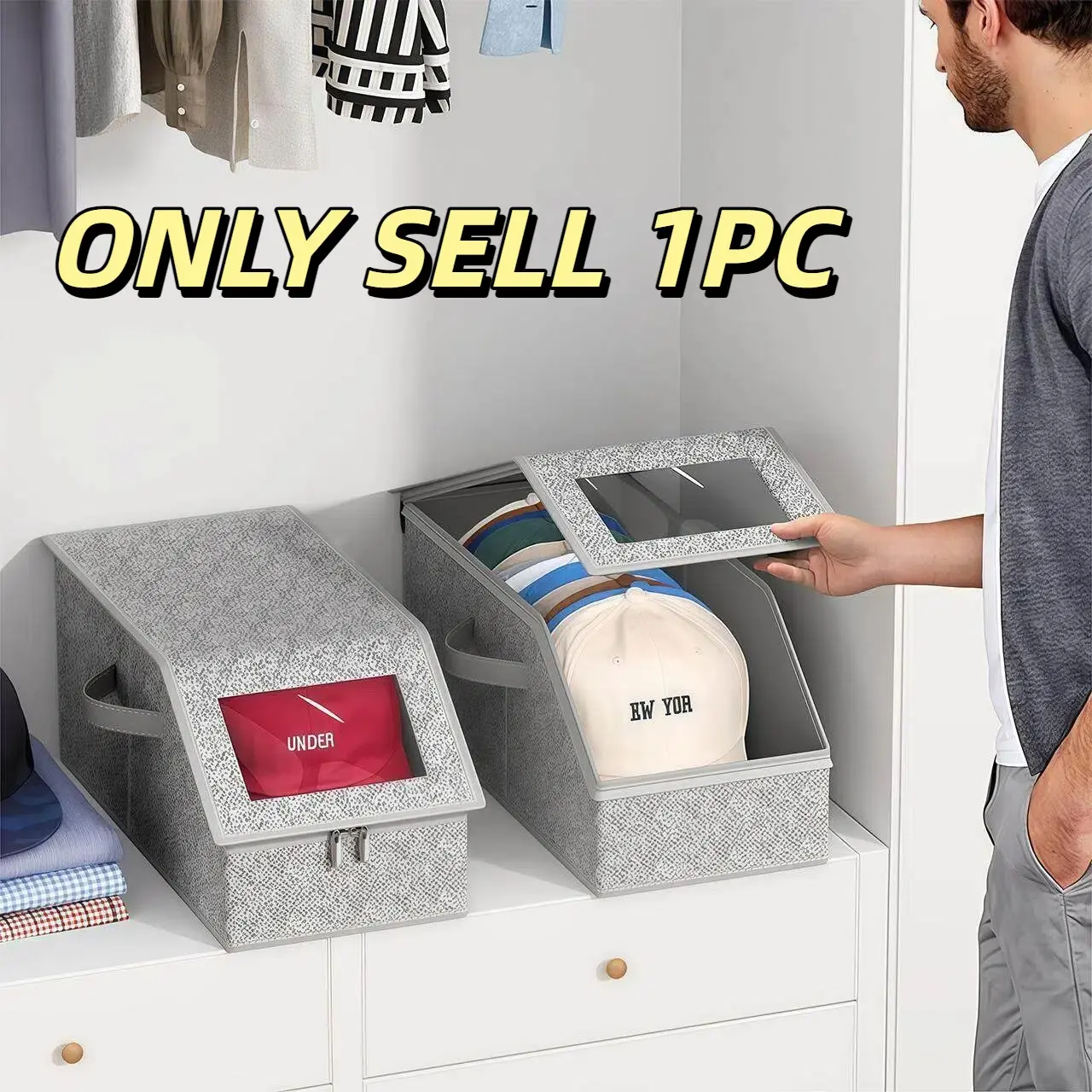 Stackable Baseball Cap Storage Box, Hat Storage Boxes, Multi-Functional Clothing Organizer, Maximum Capacity 24, Wardrobe Use, Durable Box with Cardboard Lining, Stackable Cube Storage
