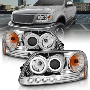 AmeriLite for 1997-2003 Ford F150 / Expedition Chrome Projector LED Dual Halo Ring Replacement Headlights Pair - Passenger and Driver Side
