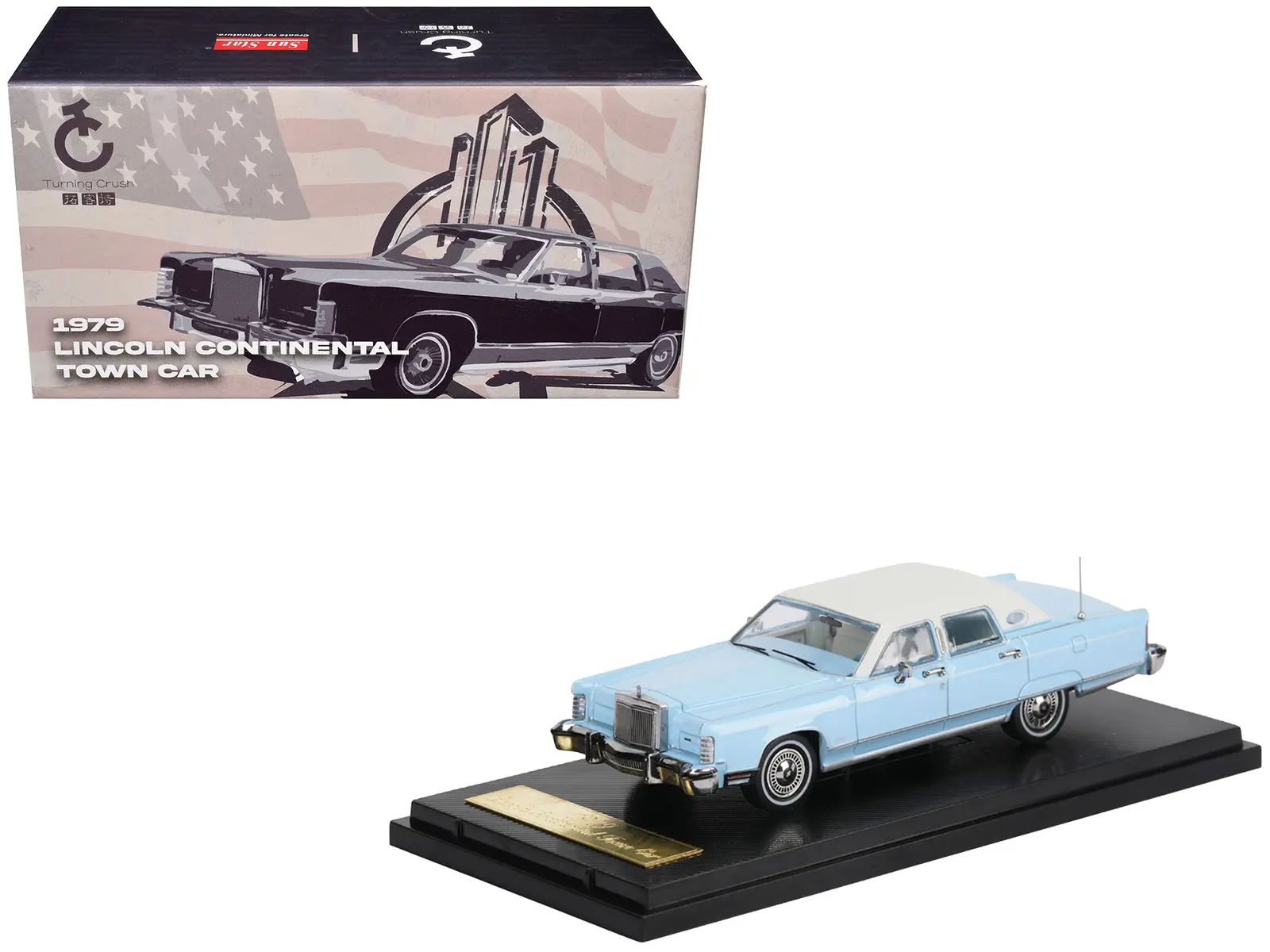 1979 Lincoln Continental Town Car Wedgewood Blue with White Top and White Interior 1/64 Diecast Model Car by Sun Star