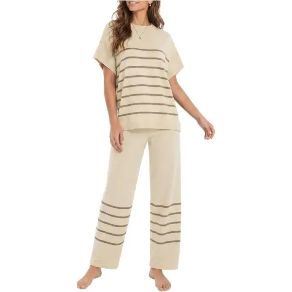 Fisoew Women's 2-Piece Casual Loungewear Pajama Set - Oversized Short-Sleeve Knit Sweater Pullover, Elastic Waist Striped Wide-Leg Pants, Machine Washable Outfits