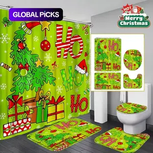 Christmas Theme Christmas Tree Design, Non-Slip Mat, U-Shaped Rug, Toilet Lid Cover, Waterproof Shower Curtain, Perfect for Bathroom Decor