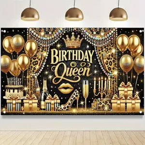 Birthday Queen Theme Party Backdrop, 1 Count Birthday Party Decoration Banner, Party Decoration Supplies for Outdoor & Indoor, Vanity Decor Accessories, Ornaments