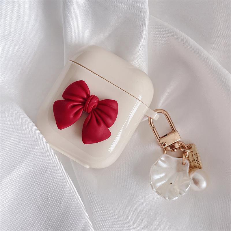 Bow Shell Earphone Case Cover | Cute Wireless Earbud Protective Case | Beige & Red Bow Pendant Charm