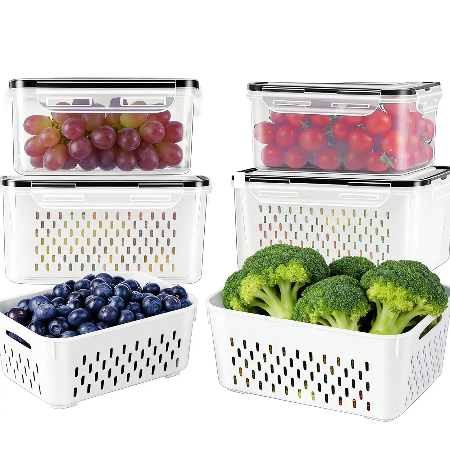 8 pcs Fridge Organizer Storage (4 Colanders & 4 Storage box) Fruit Stakable Containers for Fridge with Remouvable Colander, Food Storage Container for Salad Vegetable Meat Keeper Fresh,campingessentials,campinggear