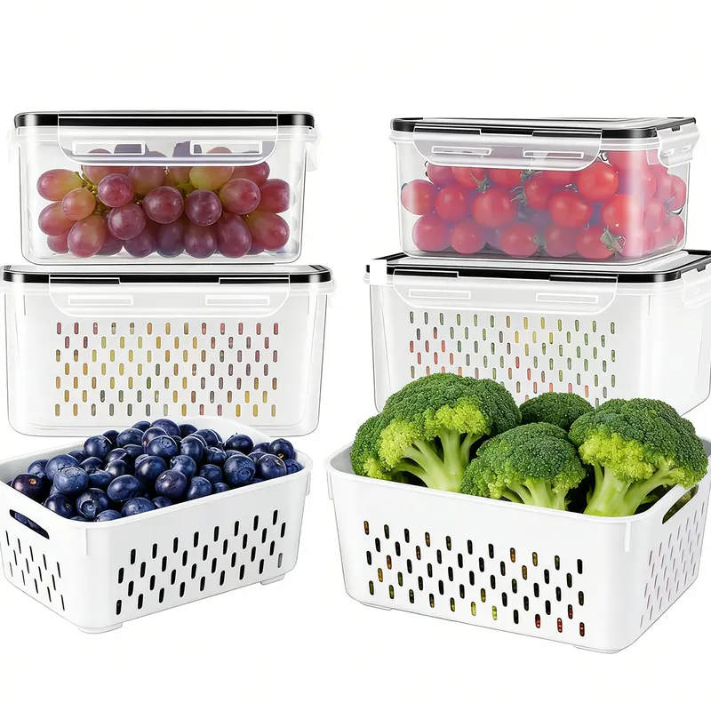 8-Piece Stackable Fridge Organizer Set - 4 Colanders & 4 Containers with Removable Colanders, Airtight Seal, Drain & Store, Microwave Safe, Sorts Fruits/Veggies/Meats (0.32L to 2.7L), Home & Camping Essentials