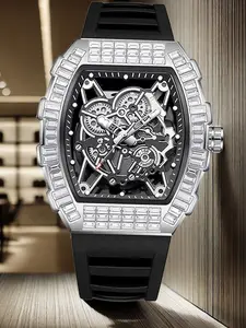 Men's Business Fashion Rhinestone Decorated Analog Quartz Watch, with Box, Fashion Watch for Party, Daily Decor, Trendy All-match & Exquisite Watch for Birthday Gift, Luminous Fashionable Watch