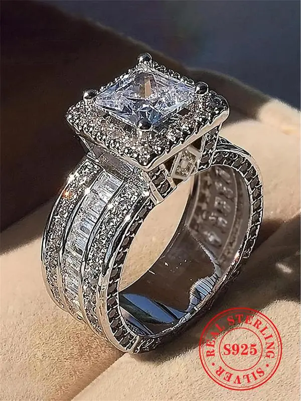 S925 Sterling Silver Luxury Gorgeous Artificial Crystal Decor Ring Back To School, Rings for Women, Wedding Engagement Ring Jewelry Gift for Women, Summer 925 Jewelry for Party, Valentine's Day, Gift