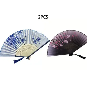 2pcs Bamboo Fan, Random Bone Design, Vintage Cherry Blossom Pattern, Lightweight Handheld Portable Folding Fan for Hanfu Dance Performance