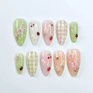 Spring Garden Press On Nails | Floral Bee Cherry Almond Nails | Handmade Pastel Gel Nail Set