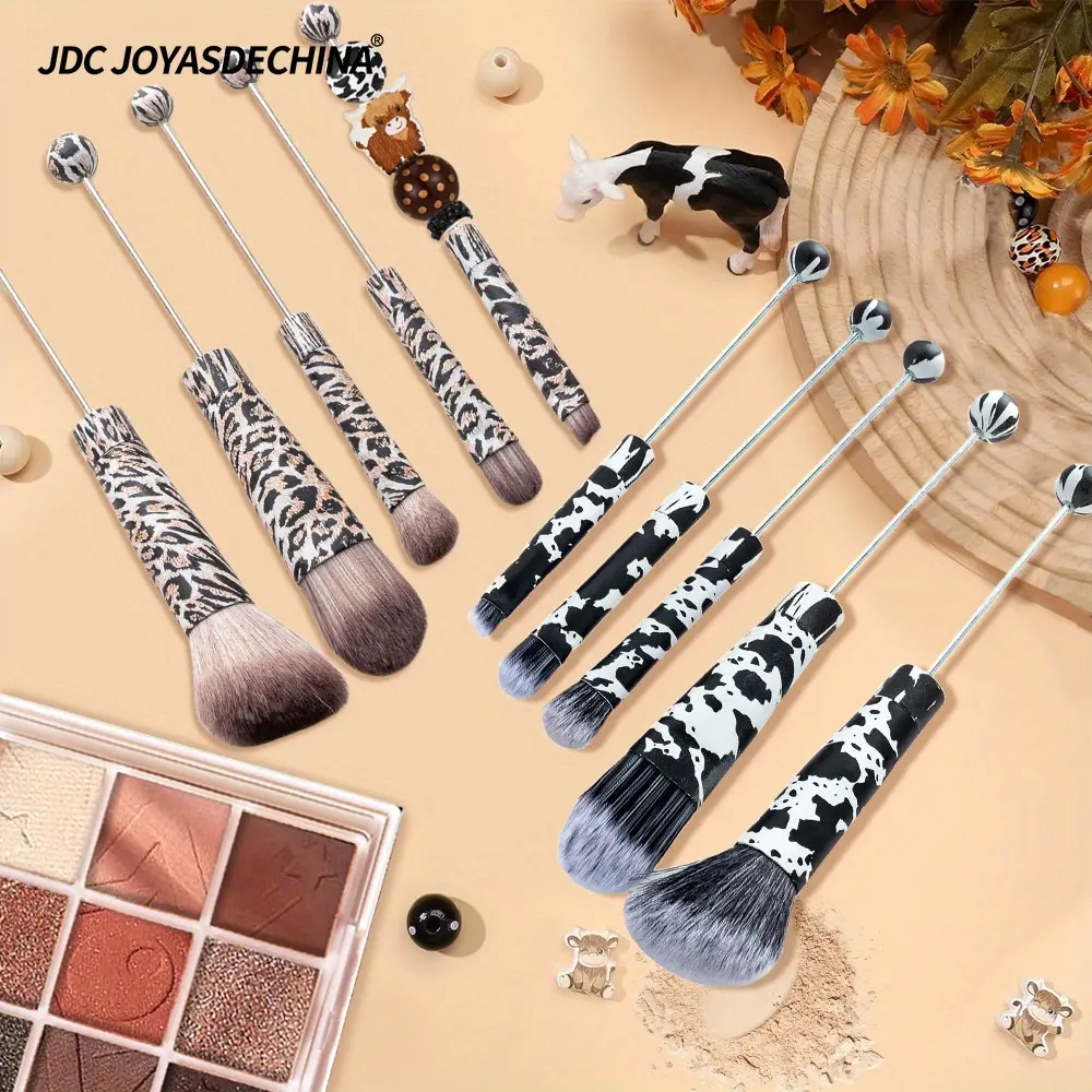 4sets Beaded Makeup Brush Set Makeup Tools and Accessories Blush Brush Loose Powder Brush Slanted Eyeshadow Eyebrow Brush Leopard Print Cow Makeup Tools DIY Gifts for Family