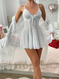 3PCS Women’s Lace Babydoll Lingerie Set – Sheer Mesh Chemise Slip + Long Sleeve Kimono Robe, Nightwear for Valentine’s (Black/Red/White)** Sleeveless Womenswear