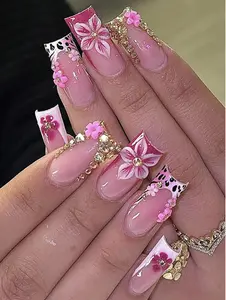 24pcs/Set Y2K Baddie Style Medium-Long Press-On Nails, Crystal Decor, Floral Design, Easy Apply, Daily Wear, Party-Ready Nail Art Kit