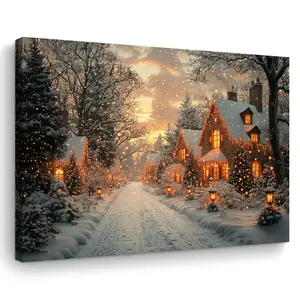 2D Flat, 1 Piece Wooden Frame Winter Landscape Canvas Art-Christmas Scene in Snow with Tree and Cottage, for Home, Holiday Decoration, Modern home decoration, 11.8X15.7 Inches, Home Wall Decor