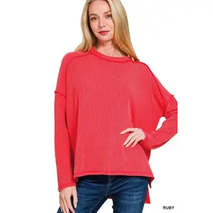 Zenana Full Size Exposed Seam Long Sleeve Corded Rib Knit Top Plus Size
