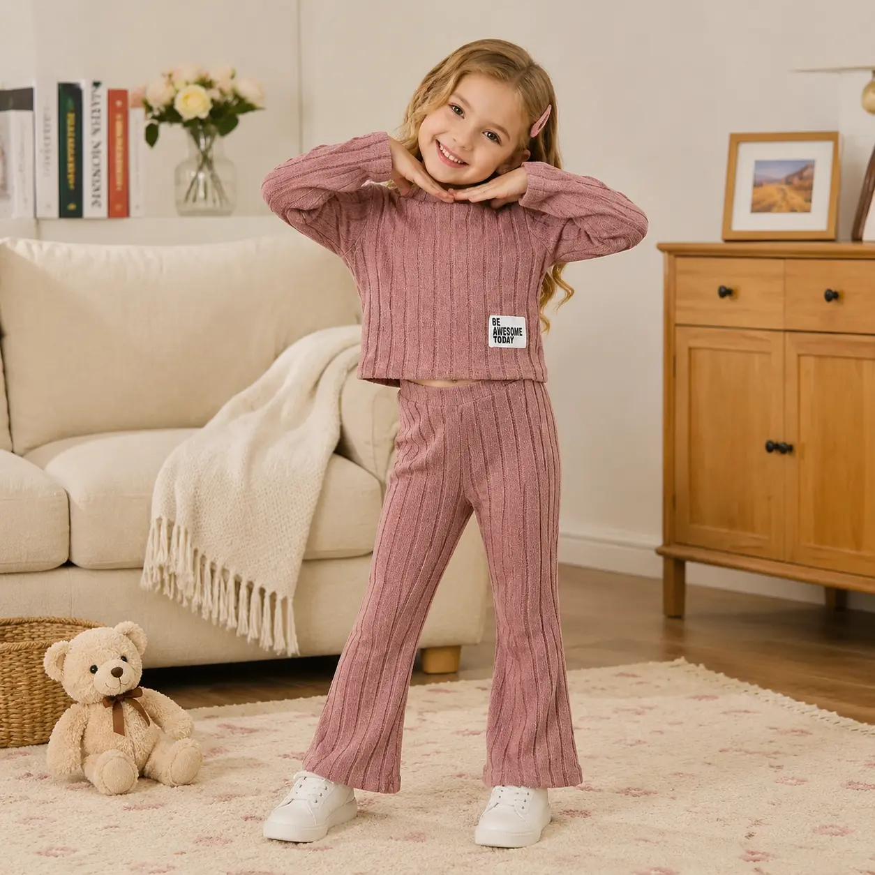 Girls 2-Piece Ribbed Knit Outfit Set, Dusty Pink Mock Neck Long Sleeve Top with "Be Awesome Today" Patch and Matching Flare Leggings Bell Bottoms, Trendy Casual Clothes for Kids Ages 4-7 Fashion