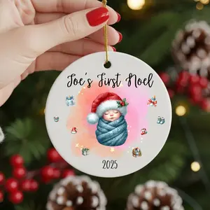 Baby's First Noel Ornament Personalized Ceramic Keepsake Joe's First Noel 2025 Custom Text Watercolor Sleeping Newborn in Santa Hat Glossy White Ceramic Christmas Decoration 1 Side Gift Print Round Standing Star