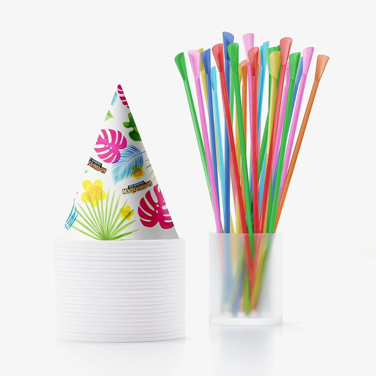 Cups and Straws Set: 25 - 6oz. Durable Waxed Paper Snow Cone Cups plus 25 Plastic Spoon Straws, Multi-Colored